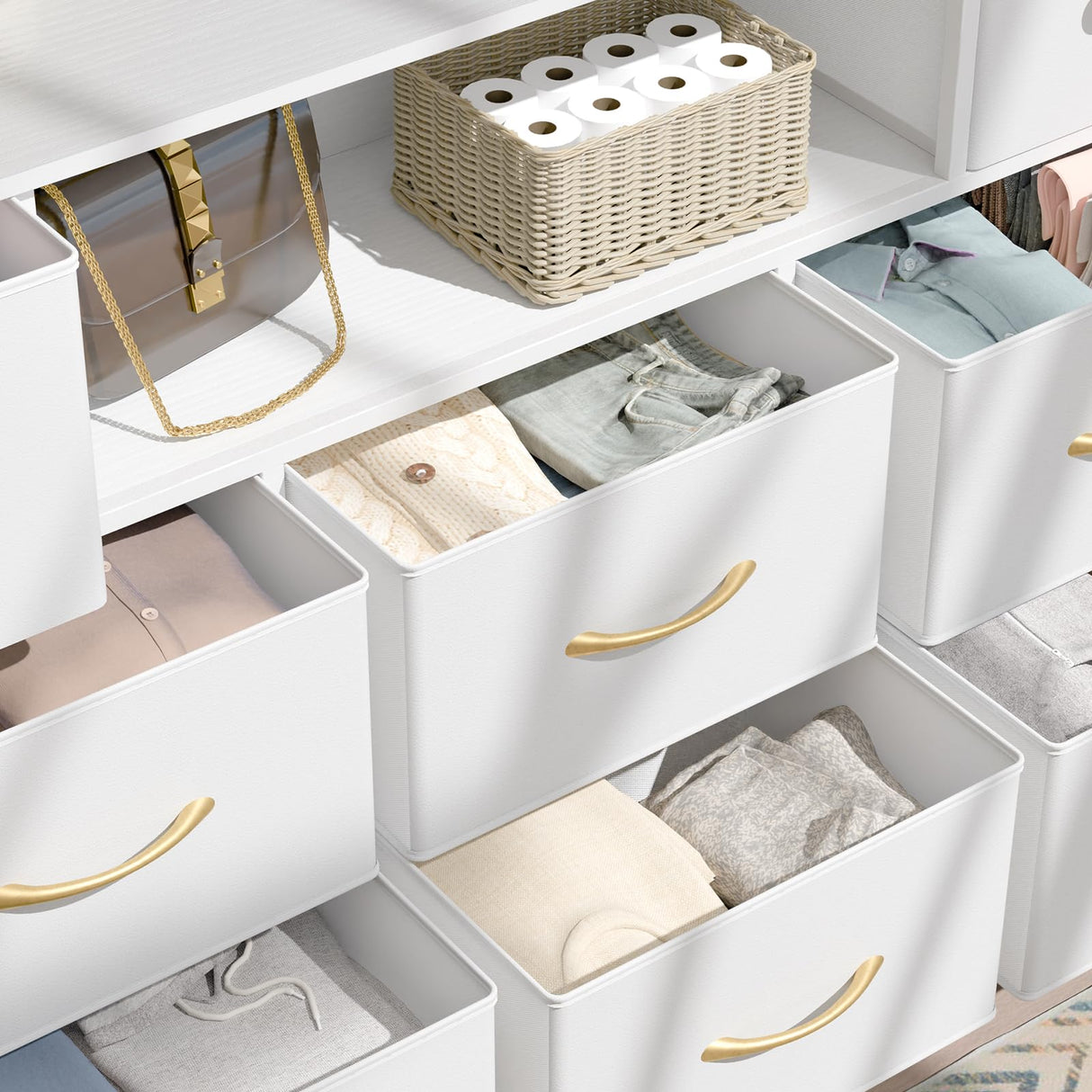 Fixwal Dresser for Bedroom with Power Outlets and LED Lights, White 55" TV Stand with 8 Drawers, Fabric Chest of Drawers with PU Finish for Living Room, Entryway Fixwal