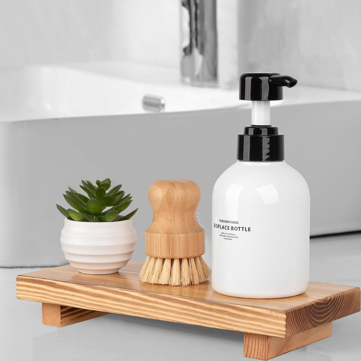 Bathroom Counter Organizer Wood Pedestal Stand Farmhouse Decorative Tray Soap Holder for Kitchen Decor, Large 10" x 4.5" - Brown zoocatia