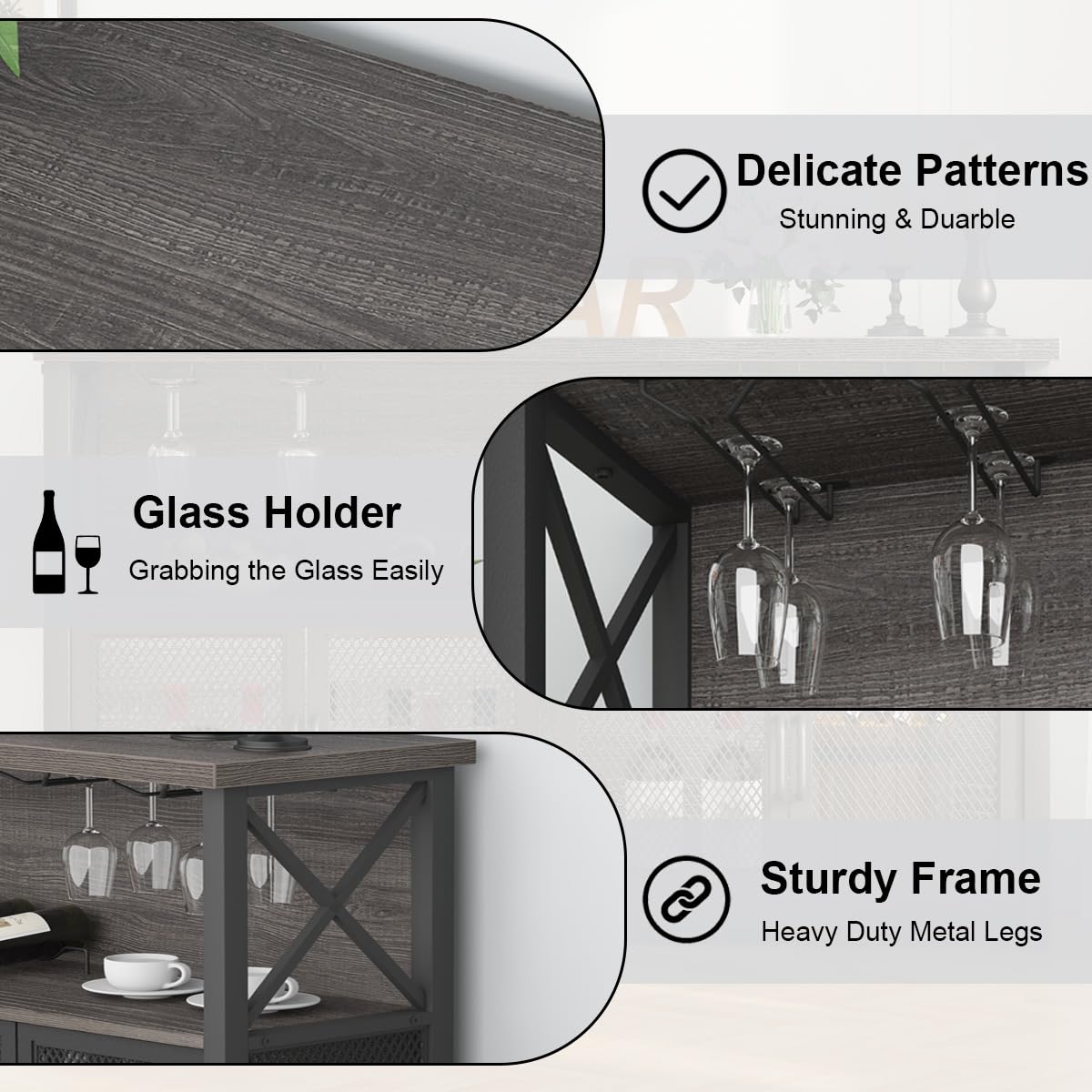 LVB Industrial Dark Gray Oak Wine Bar Cabinet with Storage Rack and Glass Holders LVB