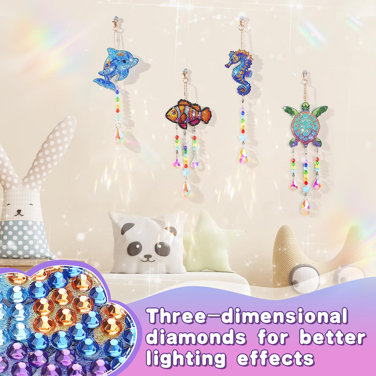 Diamond Art Kits for Kids - Crafts Gifts for Girls 8-12, 4 Pcs Double Sided Sea Animal Style Wind Chime, Hanging Crystal Rhinestone Painting Ornament Beeplove