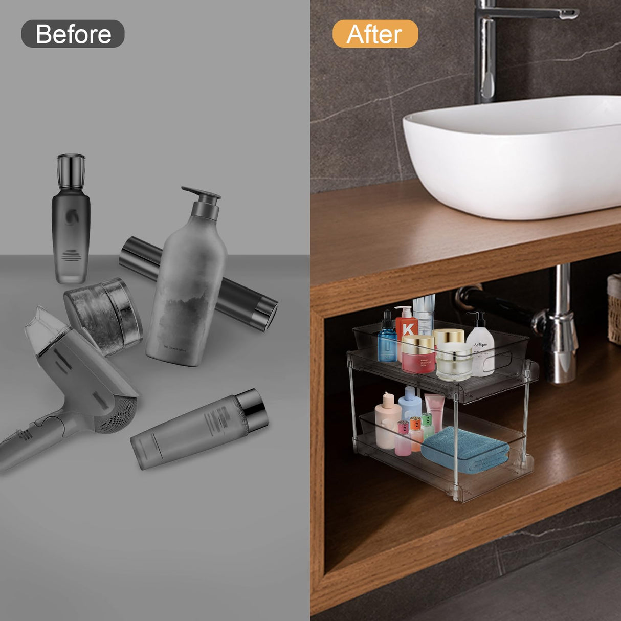 1 Pack 2-Tier Bathroom Organizers and Storage, Clear Under Sink Organizer Vanity Countertop Storage Pantry Organizers, Pull-Out Cabinet Organizer With Track For Bathroom, Kitchen, Pantry COKIHOM