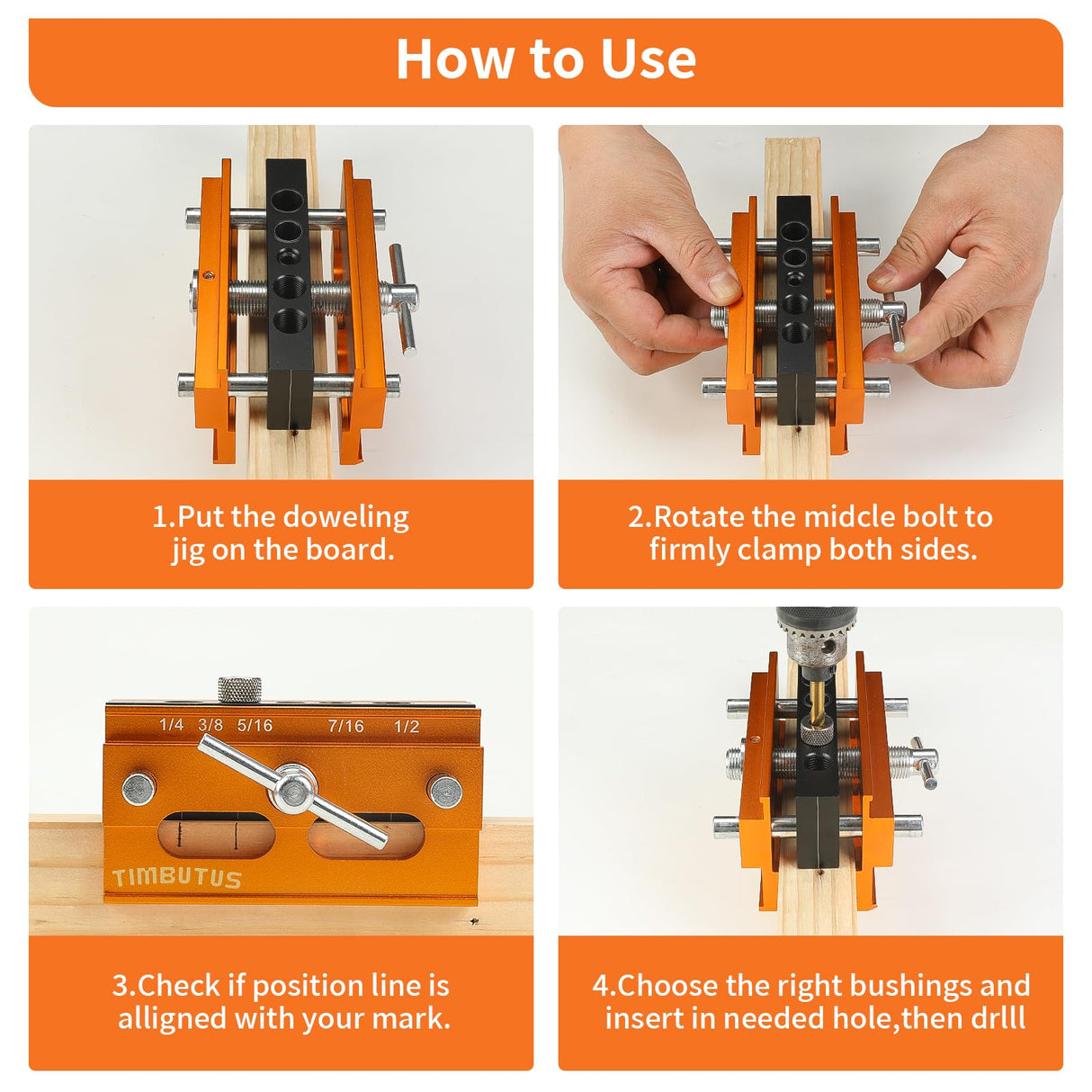 Self Centering Doweling Jig Kit - Adjustable Width Dowel Jig Kit for Straight Holes, Biscuit Joiner Set, 6 Bushings, 3 Size Drill Bits - Woodworking Precision Tool TIMBUTUS