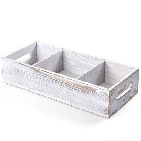 14 Inch Farmhouse White Bathroom Basket with Removable Dividers - 3 Comparments Wood Toilet Paper Basket for Back of Toilet Tank Topper - White Storage Organizer for Bathroom Pantry Organization dreamkey