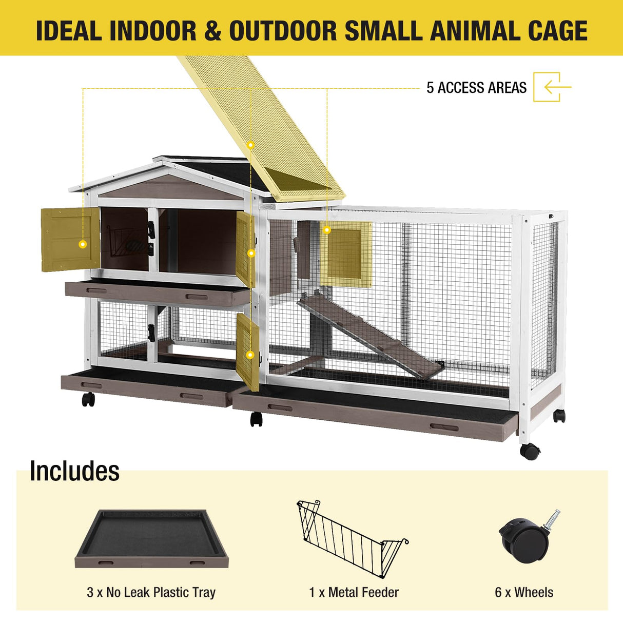 Aivituvin Rabbit Hutch 62" Rabbit Cage Indoor Outdoor Chicken Coop Guinea Pig Cage on Wheels Bunny Cage with 3 Deep No Leakage Pull Out Tray,Waterproof Roof (Brown) Aivituvin