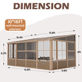 EROMMY 10' x 16' Sunroom, Wall Mounted Gazebo Solarium with Drainage Trough, Polycarbonate Roof, Lean to pergola for Garden, Permanent Sun Room with Lockable Sliding Doors, Brown EROMMY