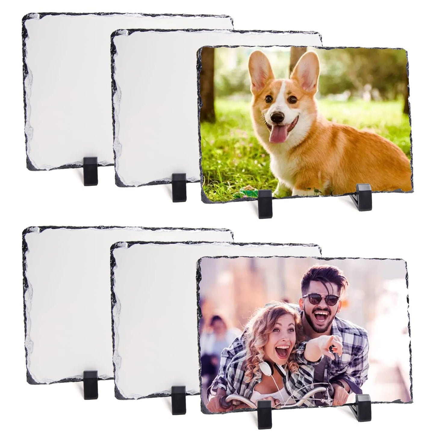 6 Pack Sublimation Slate Blanks Custom Stone Slate Picture Frame Heat Transfer Rock Photo Plaque 5.7x7.7 Inch with Display Stand Decoration for Desktop Souvenir DIY Personalized Gift