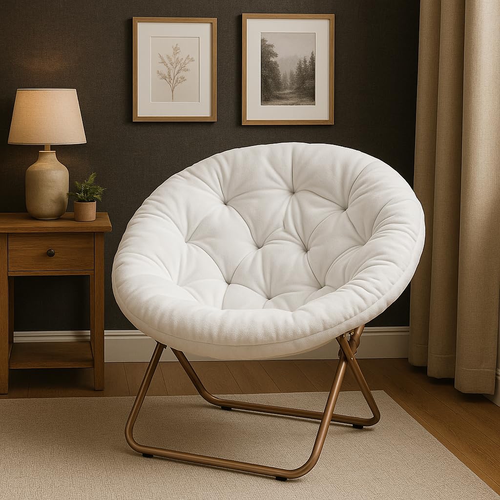 Magshion Saucer Chair for Adults, Oversized Folding Cozy Moon Chair with Gold Metal Frame, Furry Faux Fur Comfy Lazy Seat for Bedroom, Living Room, Dorm Room, Apartment (White) Magshion