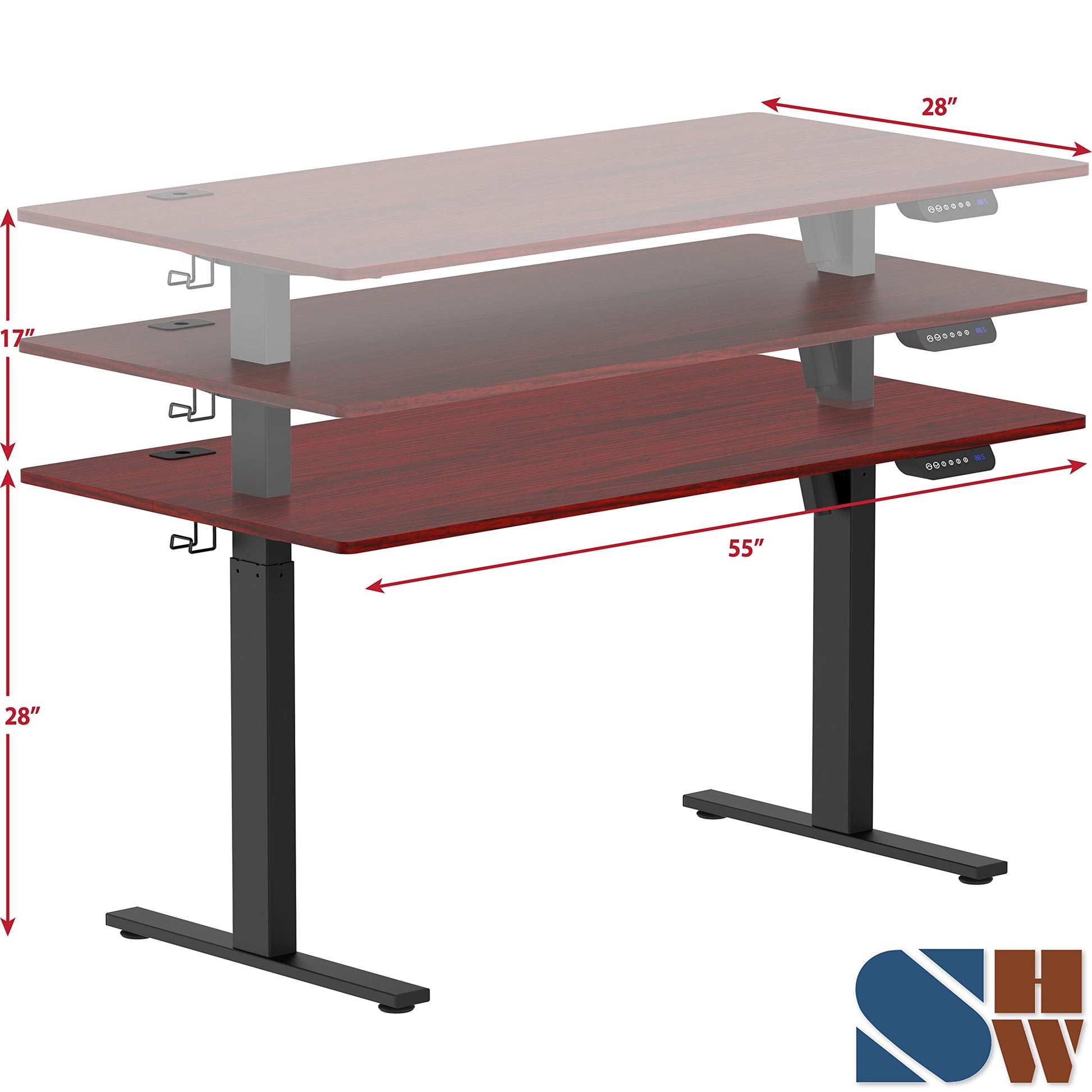 SHW 55-Inch Large Electric Height Adjustable Standing Desk, 55 x 28 Inches, Cherry - WoodArtSupply