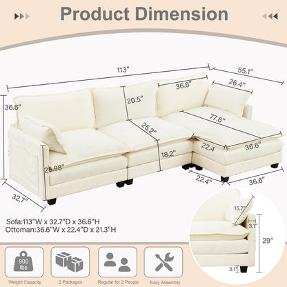 SAMERY Sectional Sofa Cloud Couch, 113" Big Comfy Couch L Shape Sofa Couch for Living Room Extra Deep Seat Sofa Couch Chenille Sofa Sleeper with Ottoman/Pillows, Cream White 3 Seat Sofa Cloud Couch