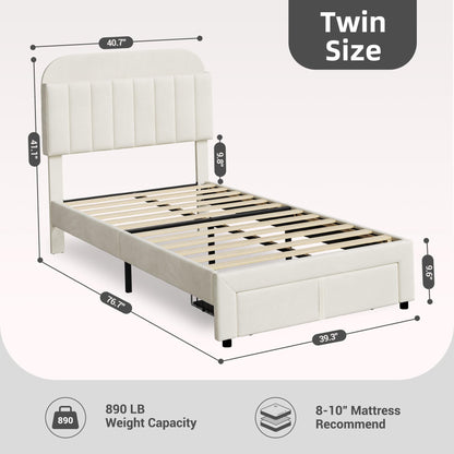 GarveeHome Twin Bed Frame with Drawer, Velvet Upholstered Platform Bed Frame with Storage Headboard, No Box Spring Needed, Easy Assembly, Noise-Free, Ivory White