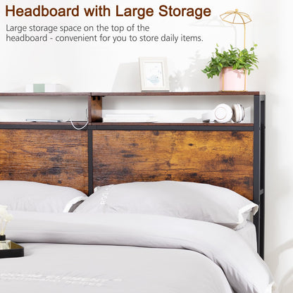 LOAKEKEL Rustic Brown Queen Size Headboard with Charging Station and Adjustable Height - WoodArtSupply