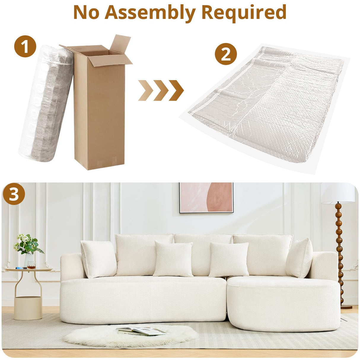 106" Curved Sectional Sofa with Throw Pillows, 4 Seater Luxury Chenille Cloud Modular Couch with Deep Seat，Boneless Compression Sofa for Modern Living Room, Office and Apartment, Cream WARMTOBABY