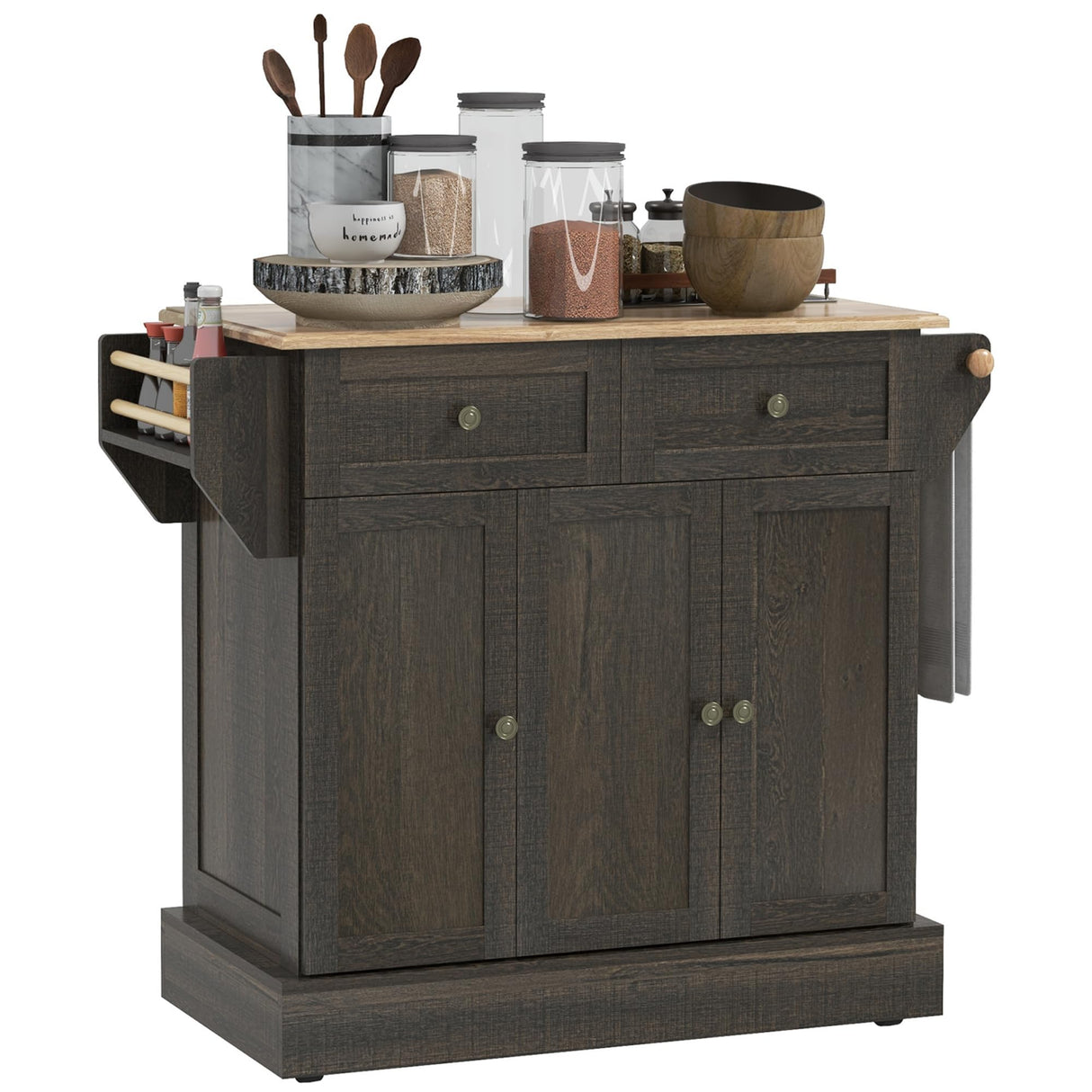 HOMCOM Triple-Cabinet Kitchen Island on Wheels, Kitchen Storage Cabinet with Drawers & Countertop, Rolling Utility Cart with Wood Top, Towel Rack, Spice Stand, Distressed Brown HOMCOM
