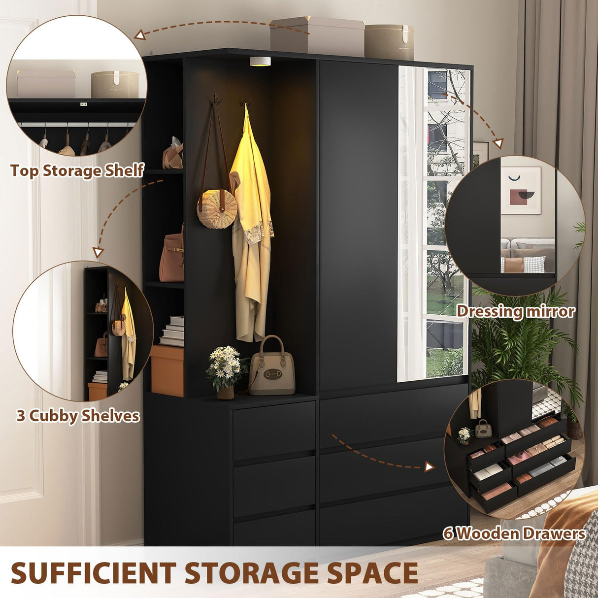 Modern Wardrobe Closet with Mirror & Integrated LED Light, 6 Drawers & Ample Hanging Storage, Multi-Functional Armoire for Bedroom-Black Rumiiro