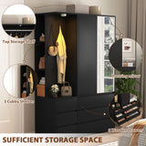 Modern Wardrobe Closet with Mirror & Integrated LED Light, 6 Drawers & Ample Hanging Storage, Multi-Functional Armoire for Bedroom-Black Rumiiro