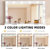 DWVO 46'' Glass Top Makeup Vanity with 10 Drawers, Vanity Desk Set with Large LED Mirror, Built-in Charging Station & Cushioned Storage Chair, Dressing Table with 3-Color Light Modes, Cream White DWVO