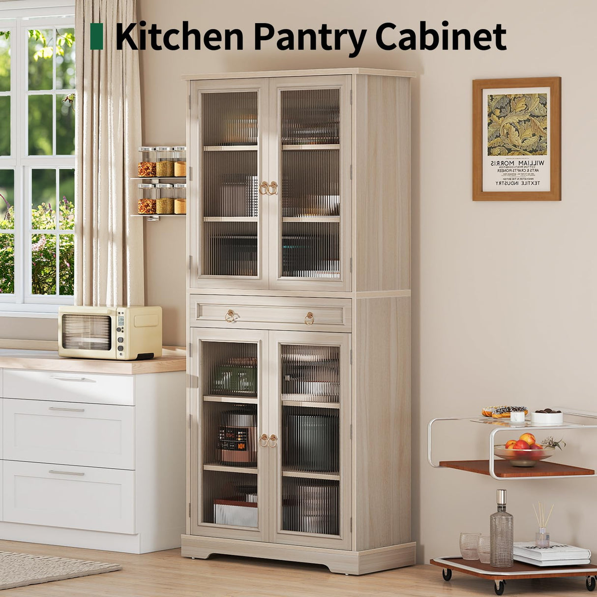 Curlaky Kitchen Pantry Cabinet with Arcylic Doors and Adjustable Shelves - 72" Tall Storage Cabinet Freestanding Cupboard with Drawer, Food Pantry Cabinet, Wood Storage Cabinets for Dining Room, White Curlaky