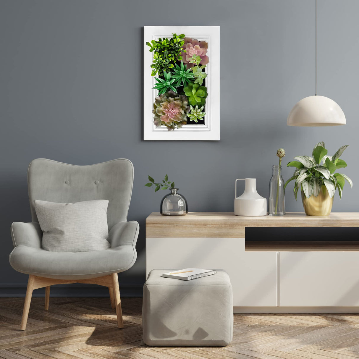 Nattol 3D Artificial Succulent Wall Art, Wood Frame with Realistic Faux Plant, Wall Hanging Botanical Decoration, Home Decor Idea for Vertical Garden and Fake Plants, White Nattol