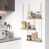 Fixwal Hanging Shelves for Wall, 3 Tier Boho Wall Decor Plant Rack Floating Shelves Rope Rustic Wood Organizer Storage Hanger for Aesthetic Home Bedroom Kitchen Bathroom- Rustic Brown Fixwal