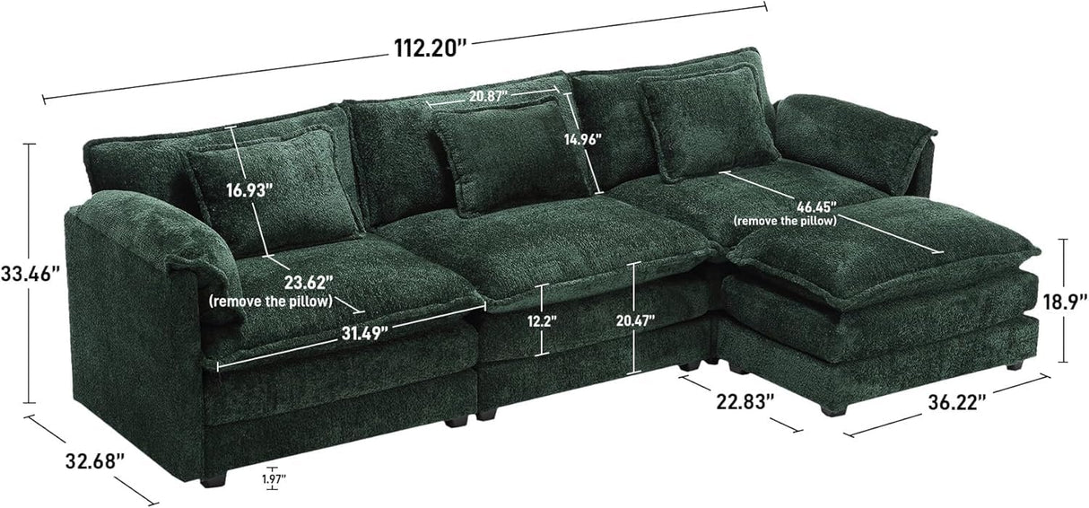 ZEIINPA L Shaped Sectional Sofa Cloud Couch for Living Room, 112" Chenille Comfy Boucle Modular Sleeper Sofa, Modern Upholstery Sofa with Ottoman & Memory Foam, Emerald Green ZEIINPA