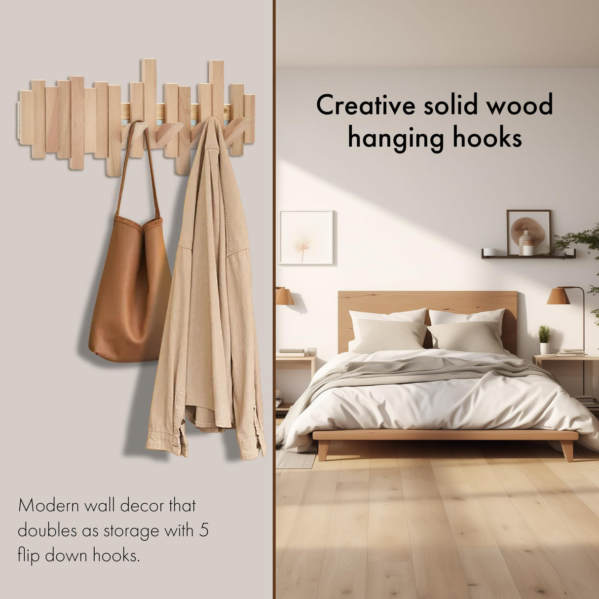 Natural Wood Wall Mounted Piano Coat Rack| Coat Rack Wall Mount| Flip Down Wall Hook Rack 6 Hooks| Entryway Wall Art Hook,Made of Acacia Wood Wall Art HLYYCC