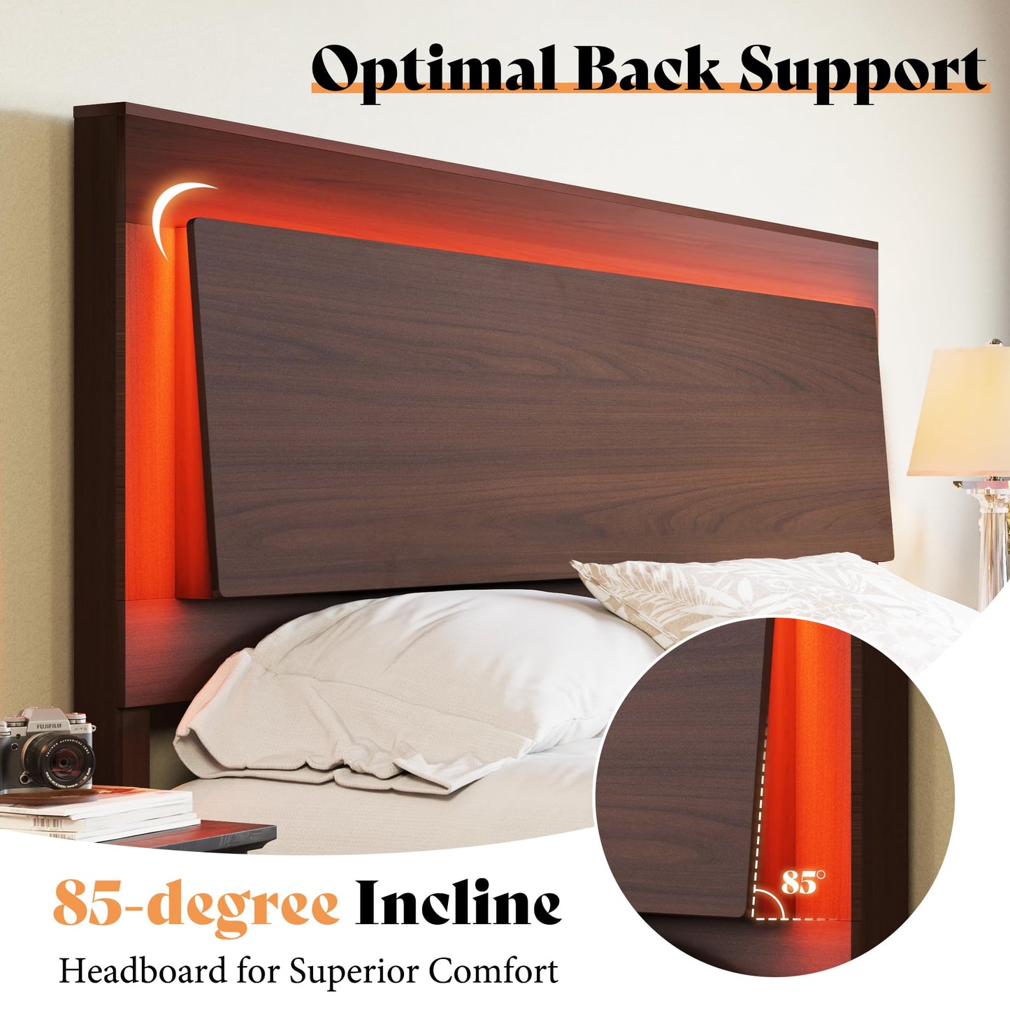 Rustic AMERLIFE Wood King Bed Frame with LED Headboard and Slats Support in Red Brown - WoodArtSupply