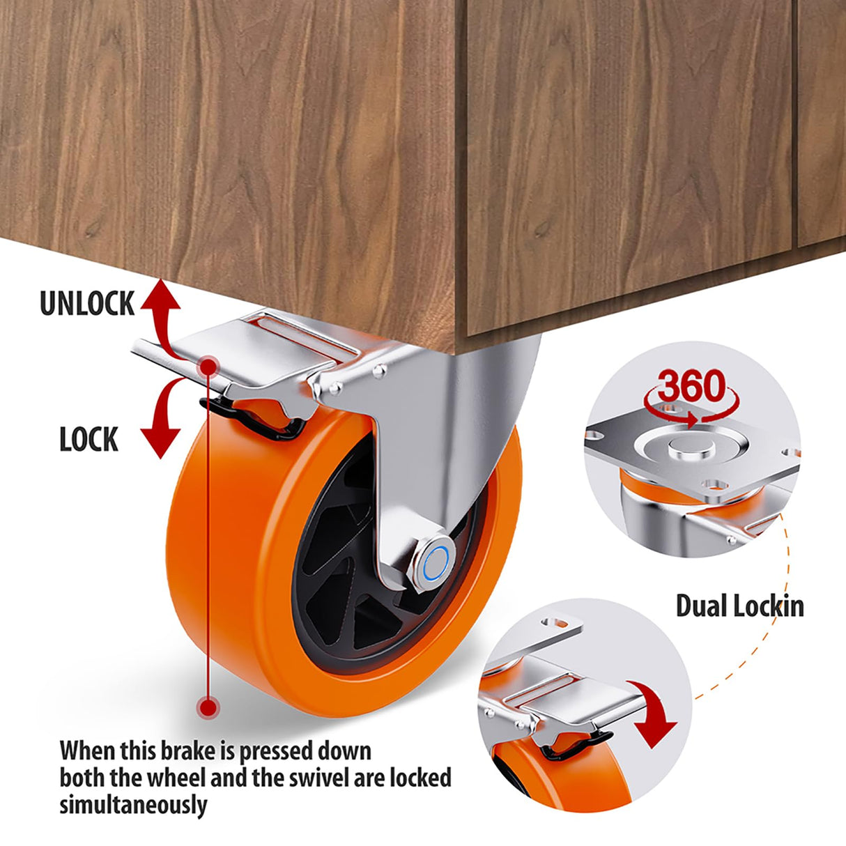 4 Inch Caster Wheels Set of 4 Heavy Duty Casters, No Noise Polyurethane Wheels for Tool Box, Furniture, Workbench, Cart (2PCS Locking Swivel Casters 2PCS Fixed Caster Wheels) Lvgwhisper