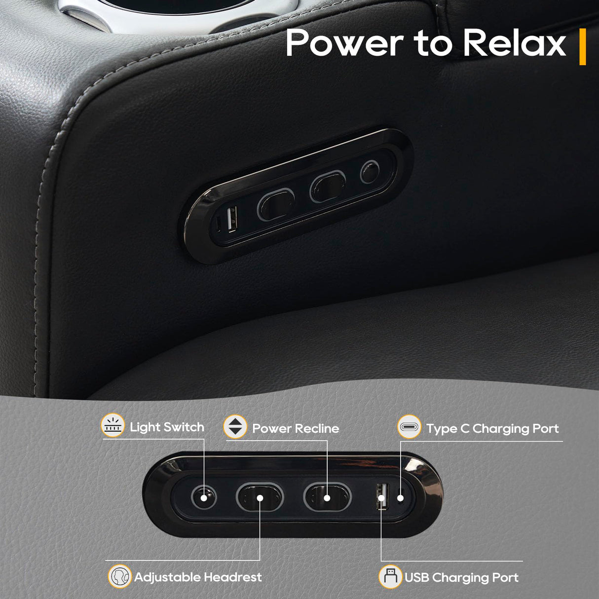 P.H.Furn Power Recliner Sofa, Home Theater Seating with Adjustable Headrest, Blue LED Lighting, Reclining Loveseat, Flip-Up Backrest Storage, Multi-Port Charger, Cup Holder, USB P.H.Furn