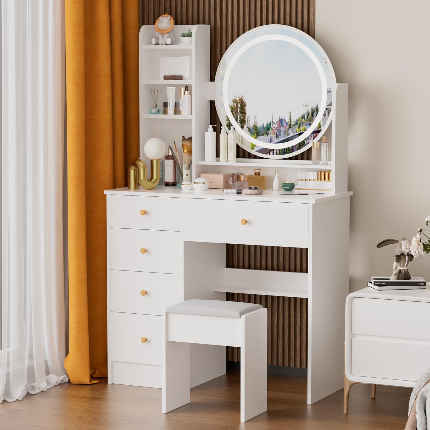 ADOFFUR Vanity Desk with Round Mirror and Lights, Small Makeup Vanity Table Set with Chair & 5 Drawers & Storage Shelves, 3 Lighting Modes Adjustable Brightness Dressing Table for Bedroom, White