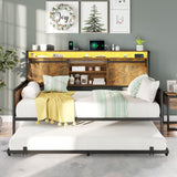 AMERLIFE Twin Daybed with Trundle, Farmhouse Daybed Frame with Sliding Barn Door Headboard and Charging Station & LED Light for Bedroom and Guest Room, Rustic Brown AMERLIFE