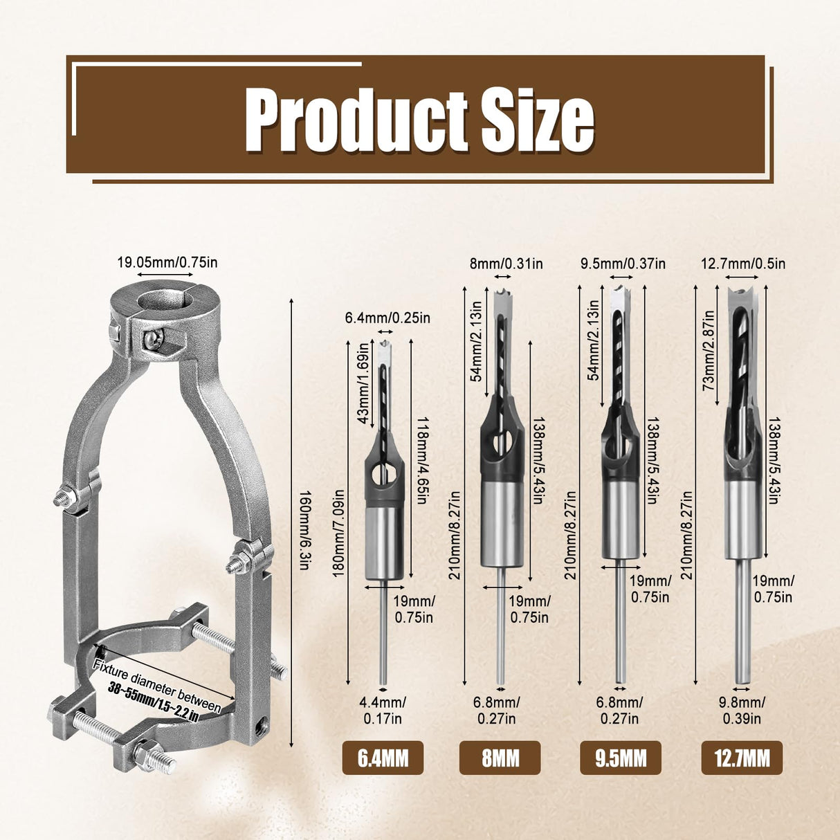 Square Hole Drill Bit Adapter and 4 pcs Square Hole Drill Bits, Easy Installation and Disassembly Mortising Attachment for Drill Press, Mortise Machine, Power Tool Accessory for Drill Machines Yuqutum