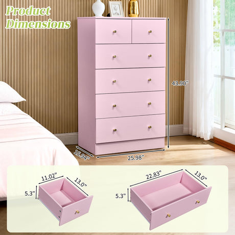 Karl home Pink 6 Drawer Dresser for Bedroom, Tall Dresser Chest of Drawers, Rustic Wood Bedroom Dressers Clothes Organizer, Anti-Tipping Device, Rose Gold Metal Handle, Living Room, Entryway, Office Karl home