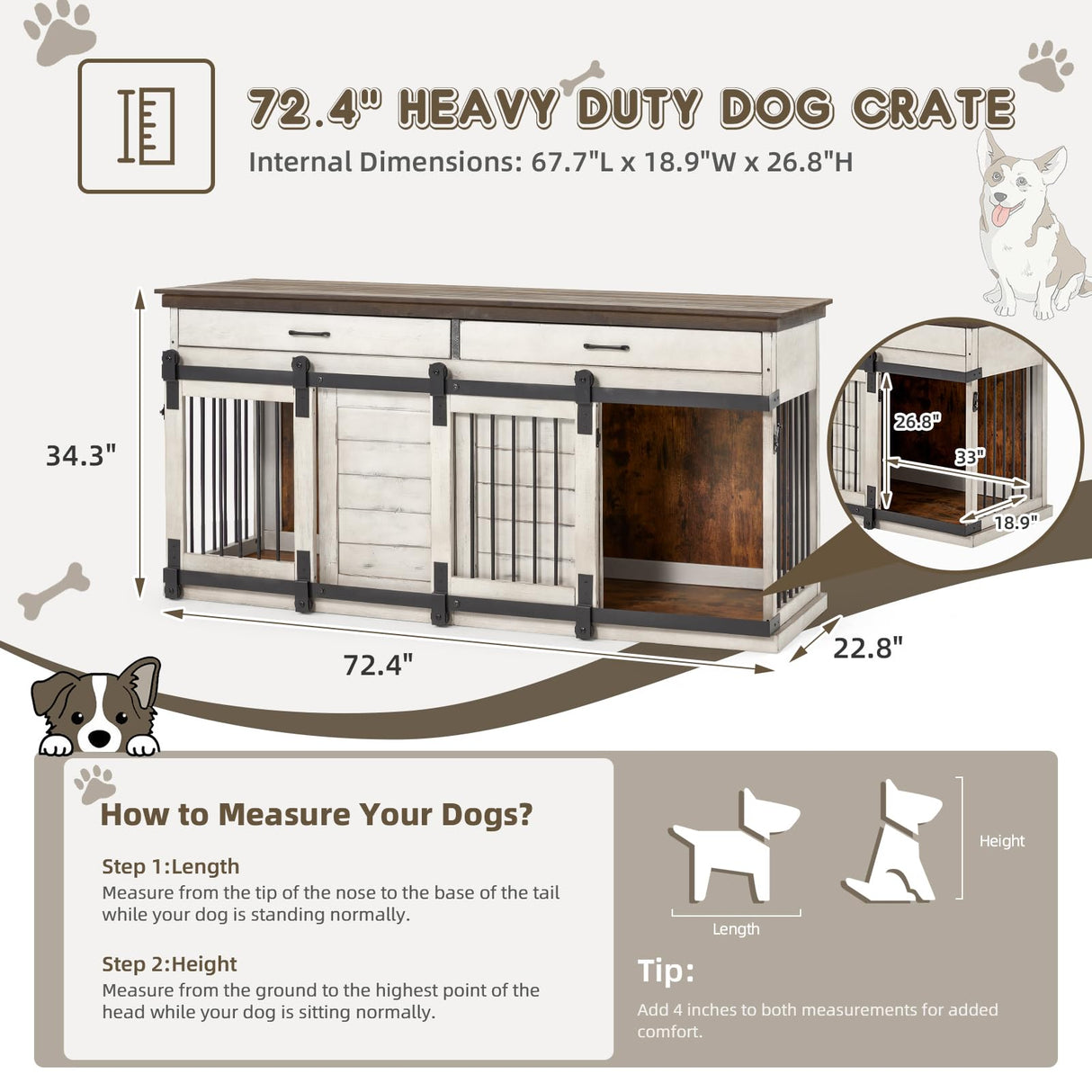 Erinnyees Solid Wood Dog Crate Furniture, 72.4" Wooden Indoor Dog Kennel Furniture for Large Dogs, Heavy Duty Dog Crates with Divider, Indoor Dog Cage Furniture TV Stand with Sliding Doors and Drawers Erinnyees