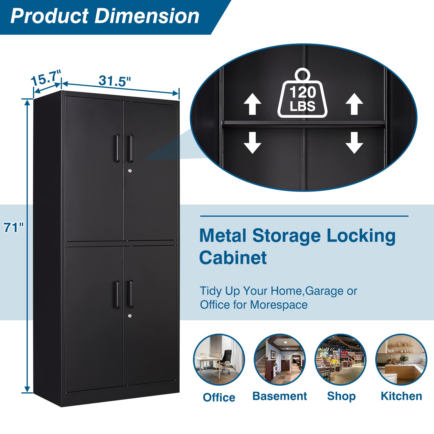 PEUKC Metal Storage Cabinet with Lock, 71" Tall Steel File Locker with 2 Adjustable Shelves and 4 Doors, Tall Cabinet for Office, Garage, Home, - WoodArtSupply