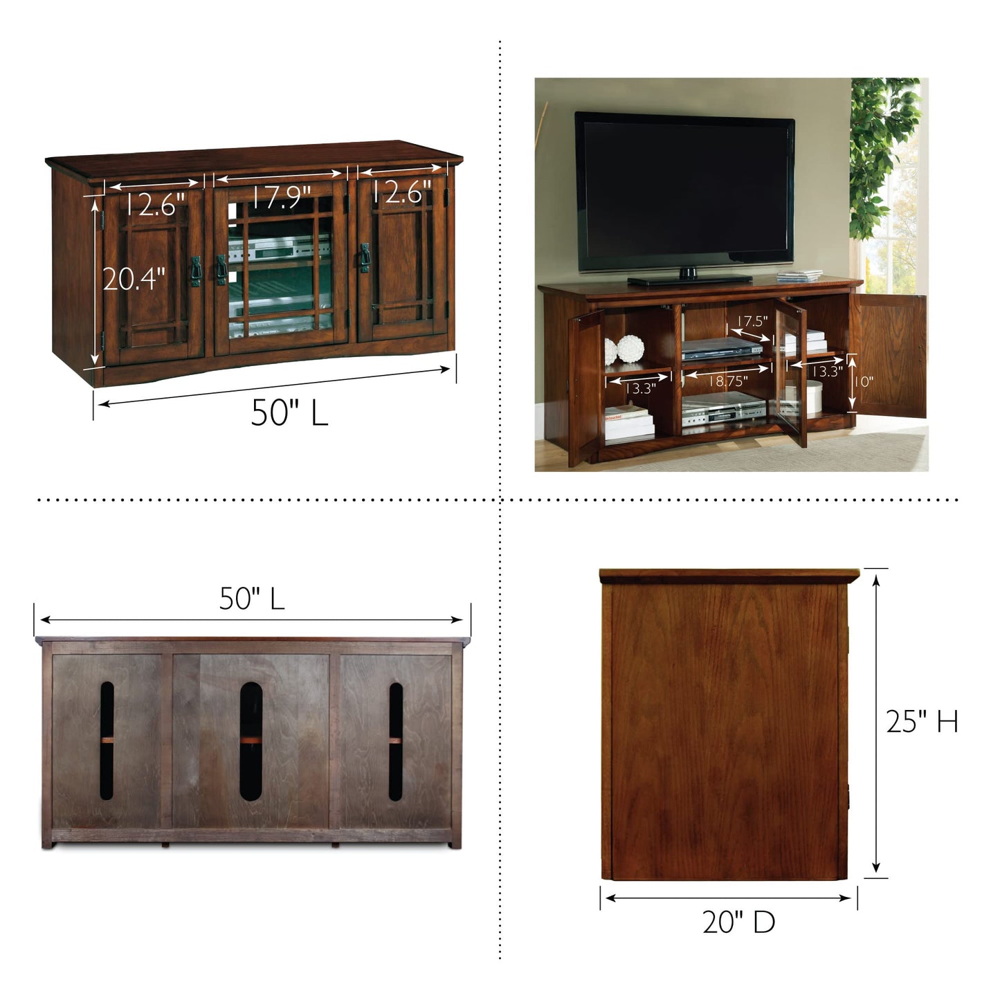 Leick Home 82350 Solid Wood Mission Oak Three Door TV Stand For 55" TVs Universal TV Console Living Room Storage Shelves Entertainment Center, Mission Oak - WoodArtSupply