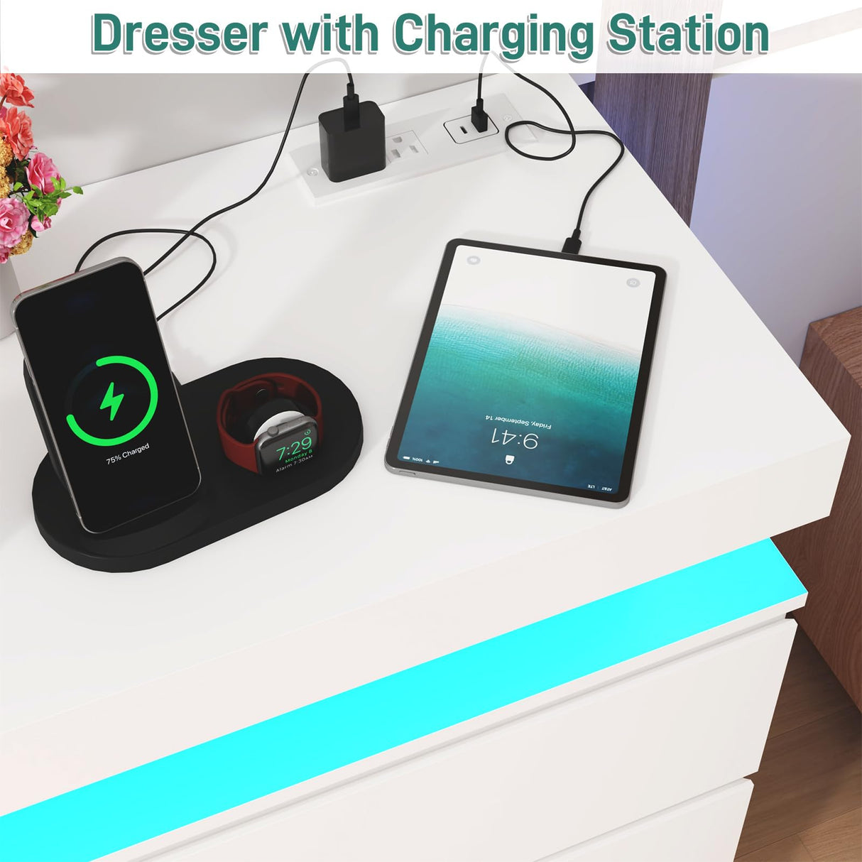 St.Mandyu 9 Drawer Dresser with Power Outlet, 63" Wide Dresser with LED Light, Modern Chest of Drawers for Closet, Double Drawer Organizer Cabinet for Bedroom, Living Room, White St.Mandyu