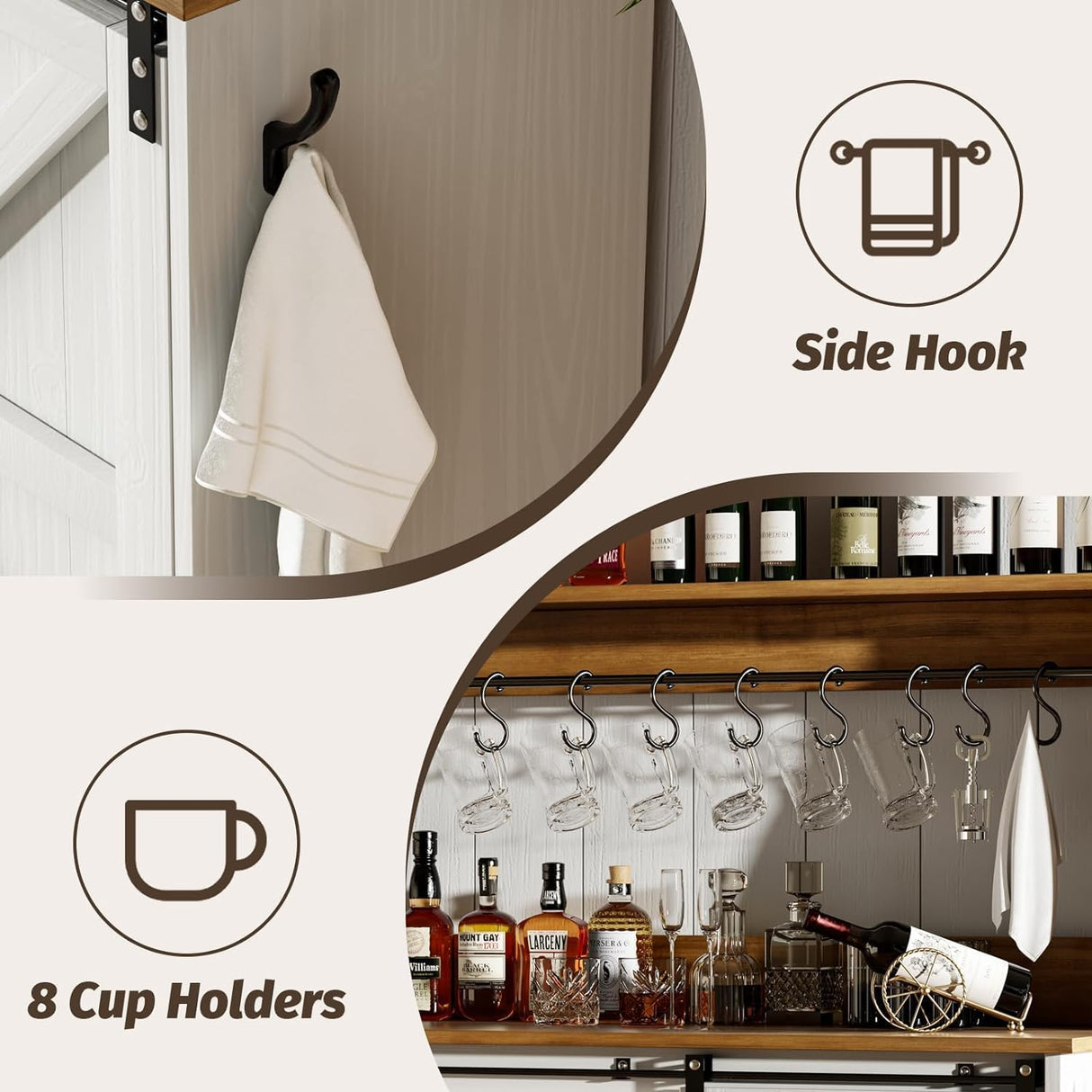 4ever2buy Farmhouse Coffee Bar Cabinet with 8 Hooks, 55 Inch Coffee Bar with Sliding Barn Doors, Tall Hutch Cabinet with Storage, White Coffee Bar with 12 Racks for Living Dining Room 4ever2buy