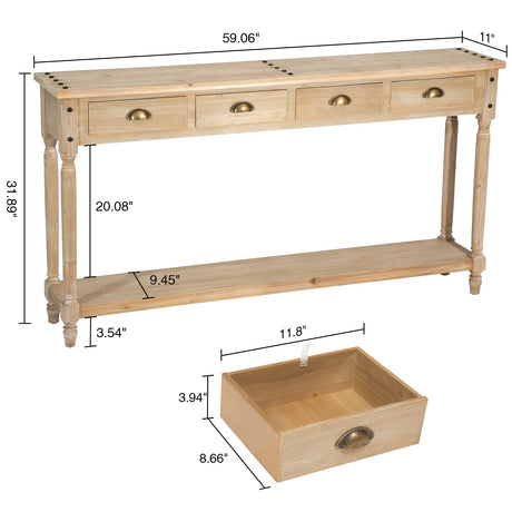 Wnutrees Farmhouse Console Table with 4 Drawers, 60" Long Narrow Boho Sofa Foyer Table with Large Storage Space, Solid Wood Frame and Legs for Wnutrees
