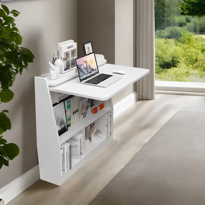 Wall-Mounted Folding Desk with Storage Shelf - Space-Saving Wooden Design in White
