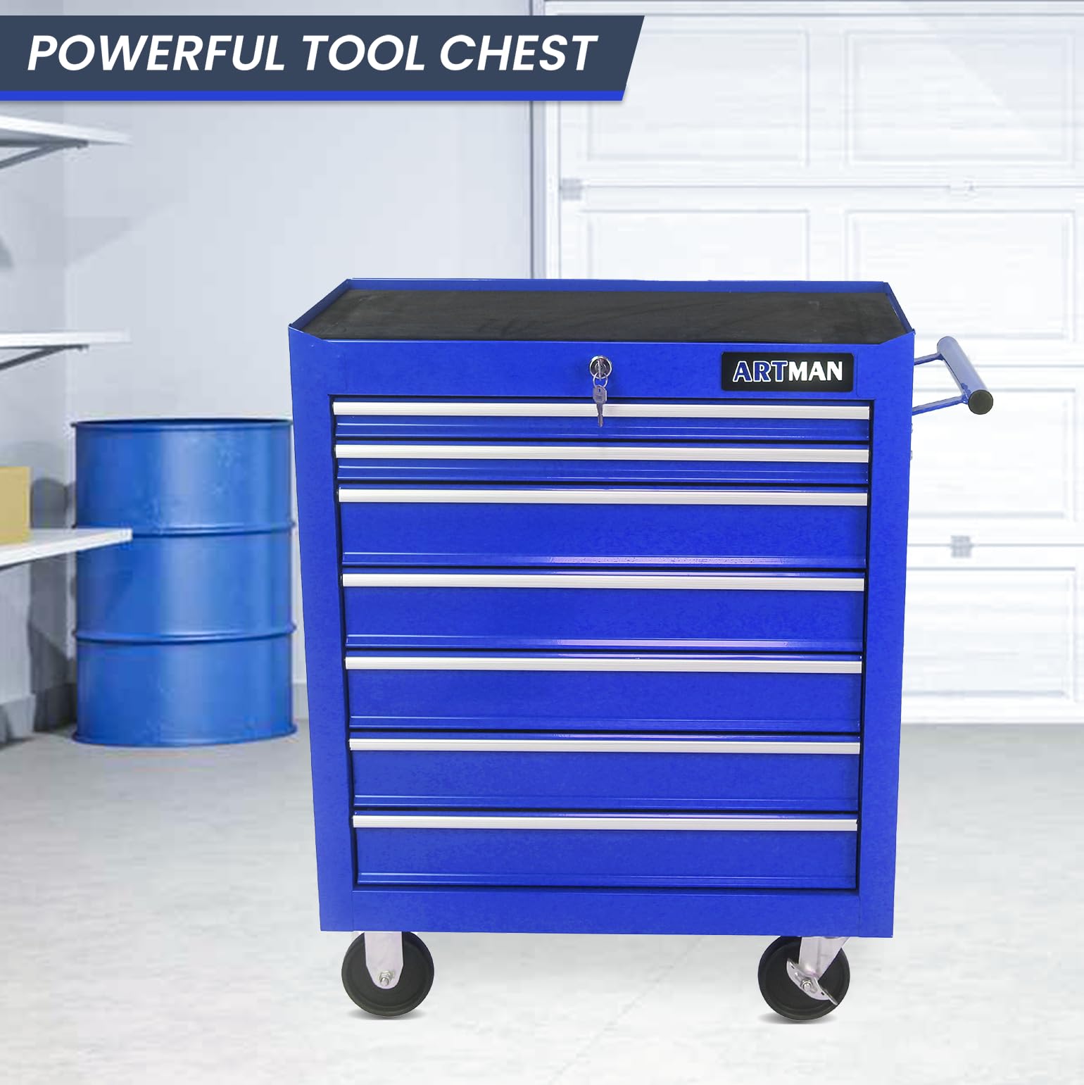 SumKea 7 Drawer Tool Cart, with Key Locking and Parking Brake, Suitable for Garages, Warehouses, Workshops, Repair Shops Tool Chest with Drawers, Blue - WoodArtSupply