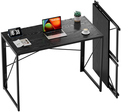 Coavas 39.4 inch Folding Desk No Assembly Required, Writing Computer Desk Space Saving Foldable Table Simple Home Office Desk, Black Wood - WoodArtSupply