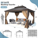 MELLCOM 12' x 14' Hardtop Gazebo, Brown Permanent Pavilion Gazebo with Curtains and Netting, Galvanized Steel Metal Double Roof Aluminum Gazebo with Aluminum Frame for Patio, Lawn & Garden MELLCOM