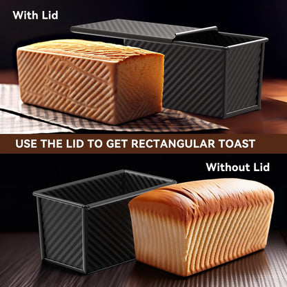 2 PCS Pullman Loaf Pan with Lid, 1Lb & 1/2 Lb Dough Capacity Bread Loaf Pans, Non-stick Coating, Carbon Steel Bread Mold, Bread Container, Toast Mold for Bakeware, Sandwich & Toast Oven Baking, Black