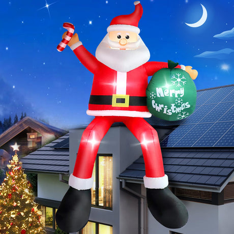 8 FT Christmas Inflatable Santa Claus Outdoor Decorations, Blow up Sitting Santa Claus with Gift Bag, Climbing Santa Carrying Present Sack Sitting on Roof, Xmas Yard Patio Bench Shrubs Indoor Decor Thanger