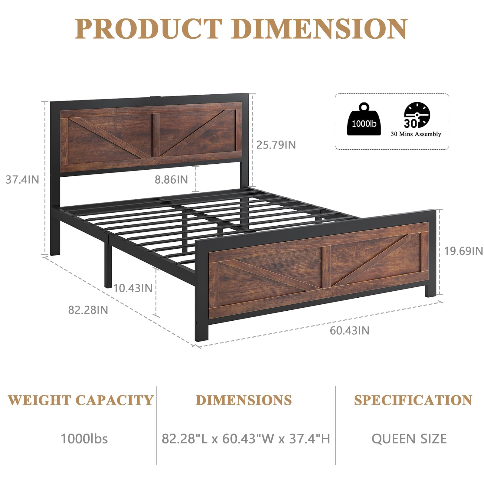 DOGIBIXO Queen Size LED Platform Bed Frame with Charging Station & Rustic Barn Door Headboard, Noise-Free Design - WoodArtSupply