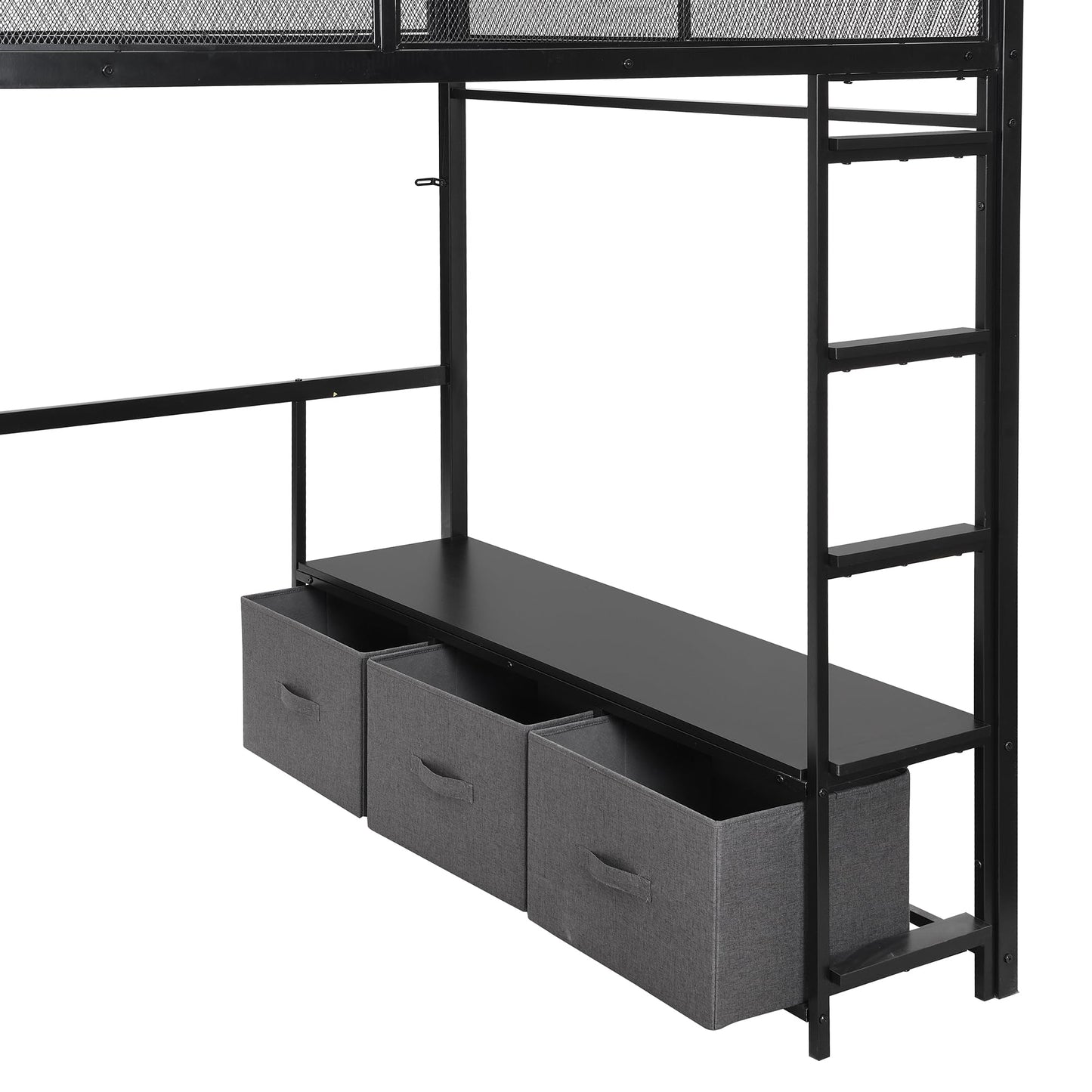 Ziraukon Full Size Loft Bed with Desk and LED, Metal Gaming Bed with Open Wardrobe and Storage Drawers, Mid Loft Bed Frame, No Box Spring Needed, Black