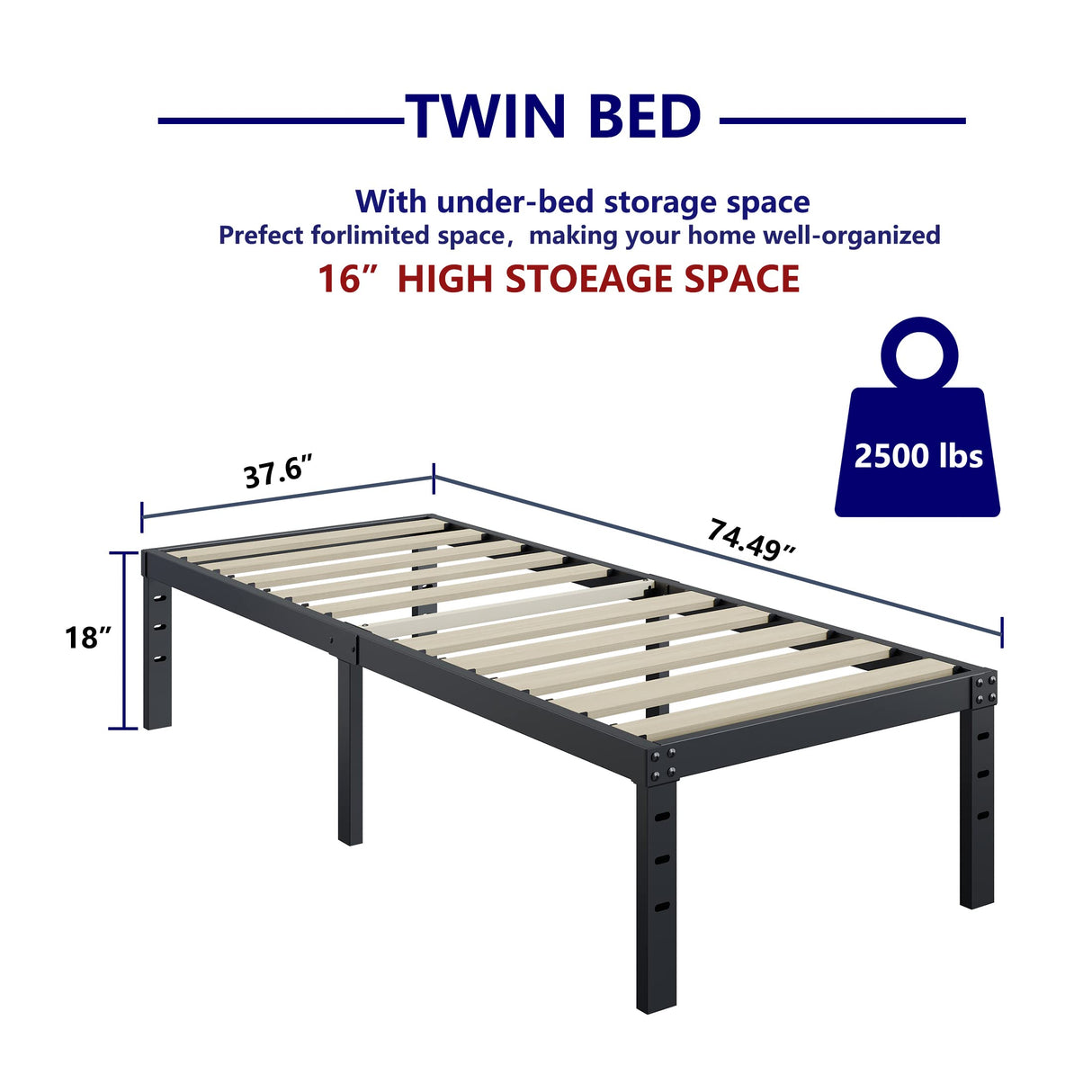 ZIYOO Twin Bed Frame 18 Inches Tall 3 Inches Wide Wood Slats with 2500 Pounds Support, No Box Spring Needed for Foam Mattress, Underbed Storage Space, Easy Assembly, Noise Free ZIYOO