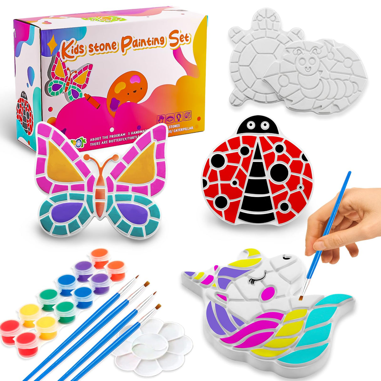 Stepping Stones Painting Kit for Kids Ages 4-12 - 5 Pack Paint Your Own Garden Stones with Butterfly, Unicorn & Ladybug Designs, Outdoor Art & Craft Activity Set, Creative Summer Gift for Boys & Girls Hdsahdok