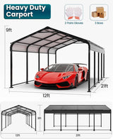 Metal Carport 12x21 Heavy Duty Easy Snow Off & Self Draining Design, 70KG/㎡ Load Ideal for Snow/Rain/Wind Conditions, Enhanced Base & Double Rust Proof Coating & Galvanized for Boats and Car, Truck Hoteel