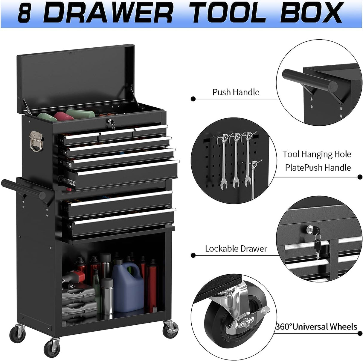 OAKANDO 8 Drawer Rolling Tool Chest, High Capacity Tool Box with Lockable Wheels and Drawers, 2 in 1 Portable Toolbox Organizer Storage Cabinet for Garage, Warehouse, Repair Shop, Black OAKANDO